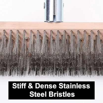 MAXMAN Stainless Steel Floor Scrubber Scrub Brush with Long Handle, Deck Brush, 63" Heavy Duty Outdoor Push Broom, Moss Remover, Wire Scratch Brush for Scrubbing Concrete, Patio, Garage, 2 Brush Head
