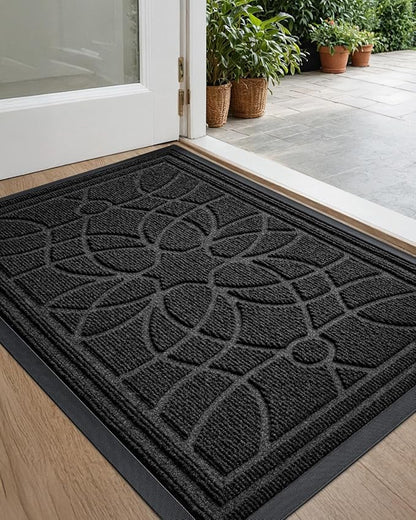 DEXI Front Door Mat Outside Entrance, Heavy Duty Non Slip Low Profile Doormat for Entryway, Trap Dirt and Moisture Welcome Mats, Easy Clean, Patio, Garage, 17x29, Black
