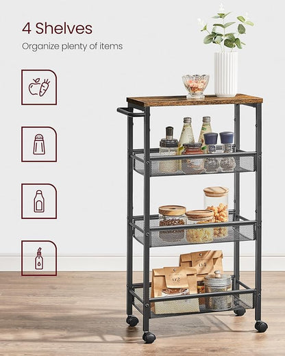 VASAGLE Slim Rolling Cart, 4-Tier Storage Cart, Narrow Cart with Handle, 8.7 Inches Deep, Metal Frame, for Kitchen, Dining Room, Living Room, Home Office, Rustic Brown and Classic Black ULRC033B01