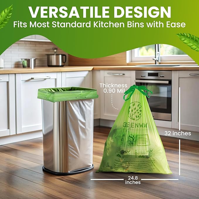 GREENWAY 13 Gallon Compostable Trash Bags Drawstring, 50 Bags, Heavy Duty Extra Thick 0.90 Mil, Tall Kitchen Food Scrap Waste Bags, US BPI and Europe OK Compost Home Certified