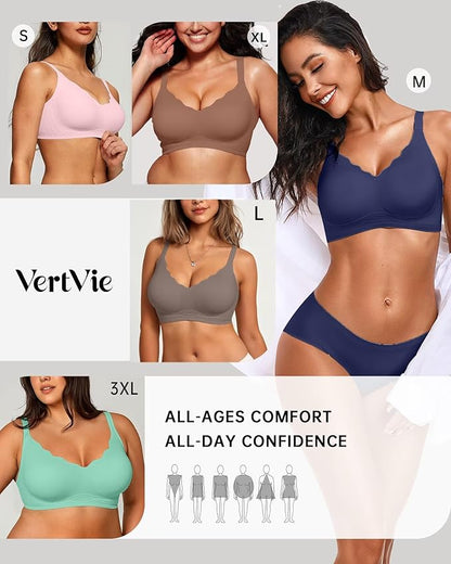 Vertvie Womens Seamless Bras No Underwire Supportive Wireless Push Up Full Coverage Bralette Comfort Scalloped T-Shirt Bra