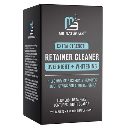 Overnight + Whitening Retainer Cleaner, Remove Stains, Discoloration, and Plaque | 4 Month Supply | Denture Cleanser with Whitening Boost,120 Tablets by M3 Naturals