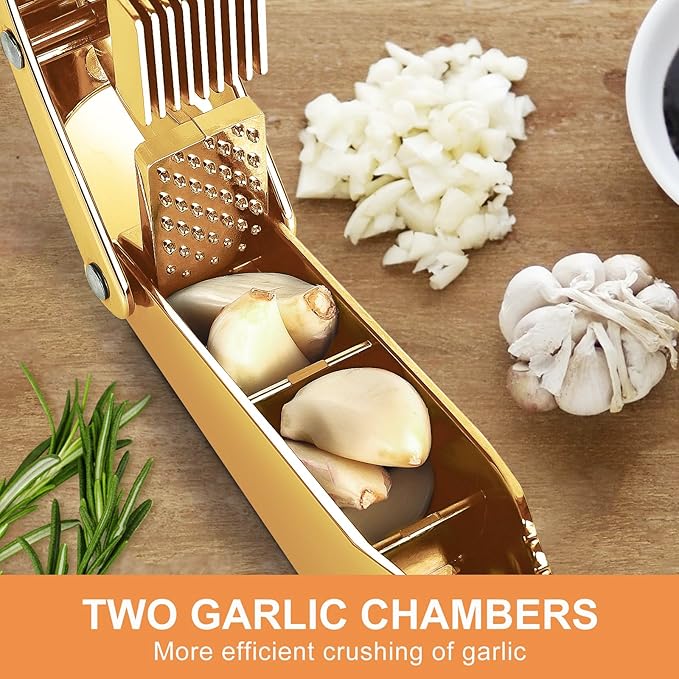 Garlic press and slicer 2 in 1,Effortlessly Crush, Slice, and Mince Garlic,with this Versatile Kitchen Tool - Perfect for Home Cooks and Professional Chefs Alike. (Golden)