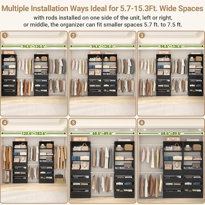 Aheaplus Closet System, 6-15Ft Closet Organizer with 8 Wooden Drawers, Wood Closet Organizer System with Tower, Walk-in Closet Organizer Wardrobe Clothes Rack with 4 Hanging Rods, Garment Rack, 1Black