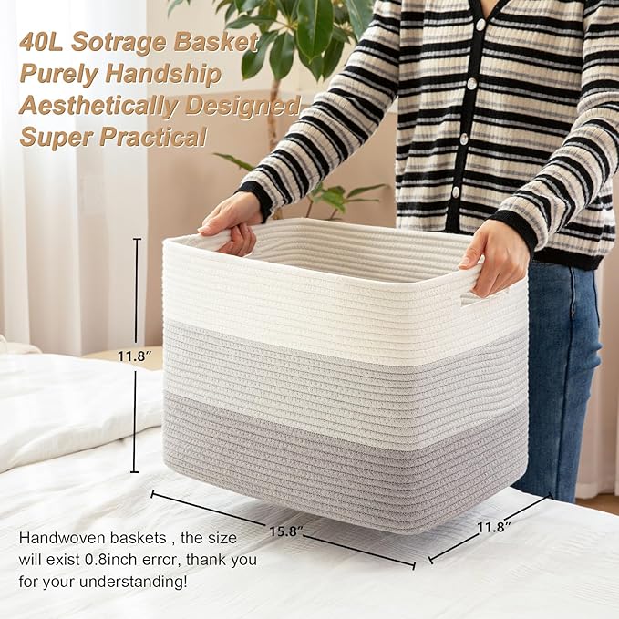 Storage Baskets for Organizing, 2 Pack Woven Basket for Storage, Rectangle Baskets for Shelves Closet Organizers, Toy Basket for Nursery Storage Living Room, Laundry Room, Bedroom (Gradient Grey)