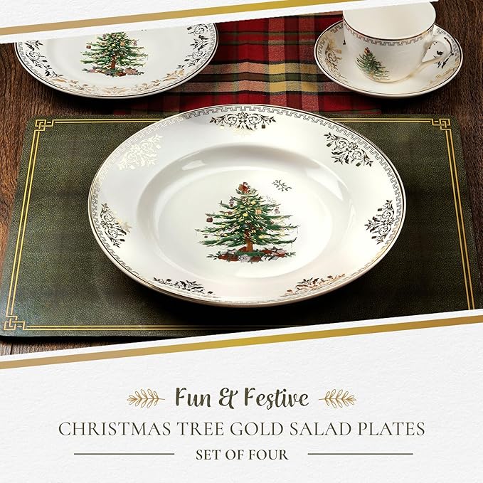 Spode Christmas Tree Gold Salad Plate (Set of 4) – 8-Inch Porcelain Dinner & Appetizer, Christmas Dinnerware & Holiday Tableware, Microwave & Dishwasher Safe, Festive Seasonal Dining Plate