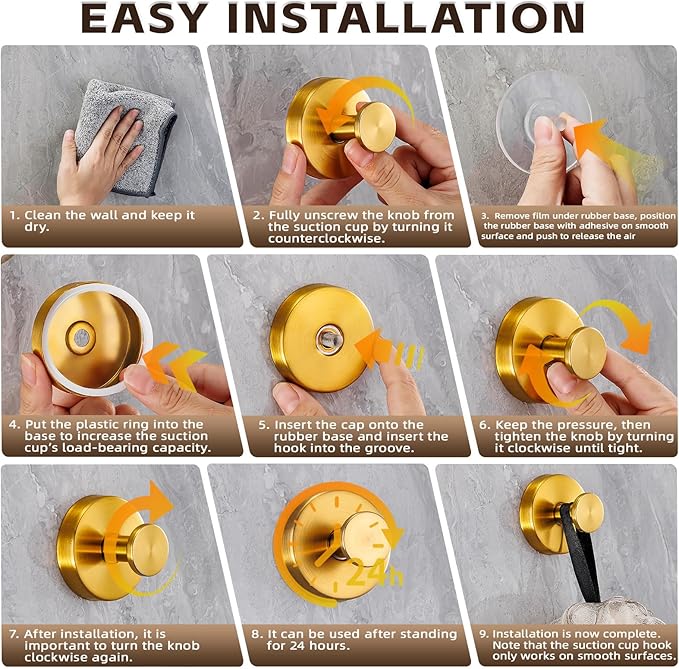 Reusable Heavy Duty Suction Cup Hooks for Kitchen/Bathroom/Shower - Wet-Proof Hooks for Towels, Robes, Loofah&Wreaths/No Drill Mounting on Glass, Tile, Metal (4, Brushed Gold)