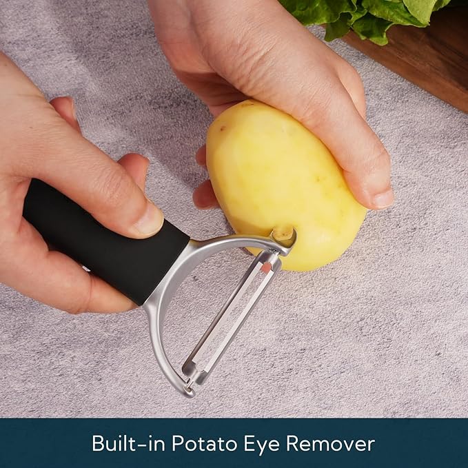 KITCHENDAO Swivel Vegetable Potato Peeler for Kitchen, Japanese Stainless Steel Sharp Blade, Heavy Duty Die-cast Construction Y Peeler, Built-in Eye Remover, Soft-touch Handle, Dishwasher Safe, Black