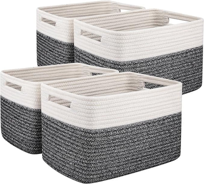 OIAHOMY 4 Pack Storage Baskets for Organizing, Basket for Shelves with Handle, Woven Baskets for Storage Toys, Towels, Books, Cotton Rope Basket 13" L x 9 " W x 7.8 " H, Black & White