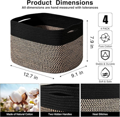 Small Storage Baskets for Organizing Shelves, Cotton Rope Basket for Storage, Cute Rectangular Book Toy Basket, 12.7"×9.1"×7.9", 4 Packs, Black & Jute
