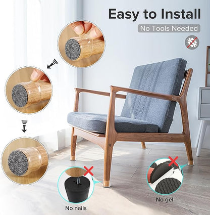 24PCS Upgraded Silicone Chair Leg Floor Protectors for Hardwood Floors, Furniture Sliders for Chair Legs, Felt Bottom Furniture Pads, Anti-Slip Round&Square Cap Covers to Scratch and Reduce Noise