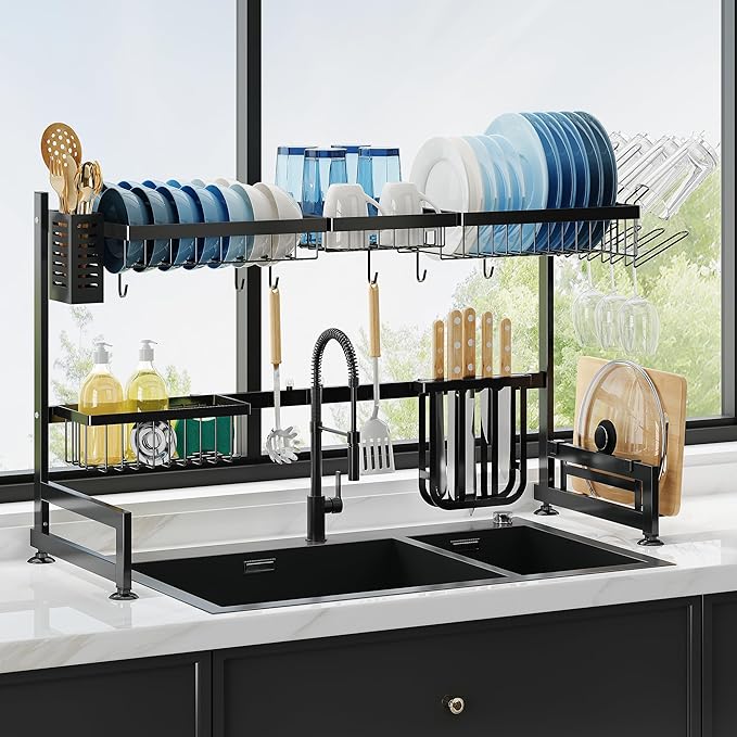 2 Tier Extra Large Stainless Steel Expandable Over The Sink Dish Drainer Drying Rack, Rust Proof Metal, Space Saving, Modern Black Big Capacity Extendable Plate Strainers Above Kitchen Counter