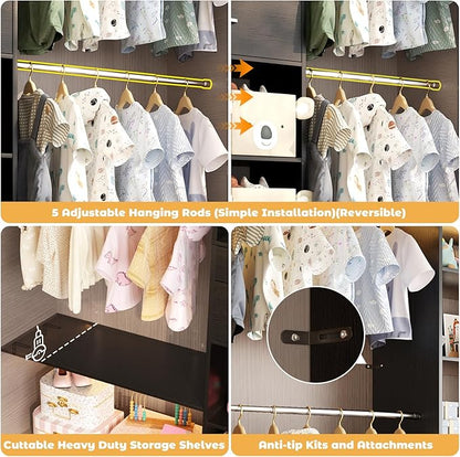 Closet System - 4.75-8FT Closet Organizer System with Wooden Drawers & Cube Storage Organizer, Up To 96" Closet Systems for Nursery & Walk-In Closets with Cuttable Hanging Shelving, Black
