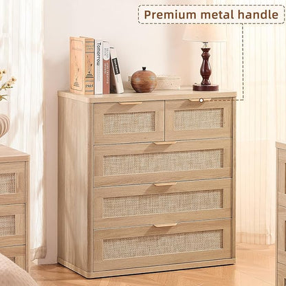 LEYAOYAO Rattan Dresser for Bedroom Set of 2, 33.5" Tall Chest of Drawers, Modern 5 Drawers Boho Dressers with Storage, Light Oak Dresser Wooden Closet Organizer for Living Room, Hallway, Natural Wood