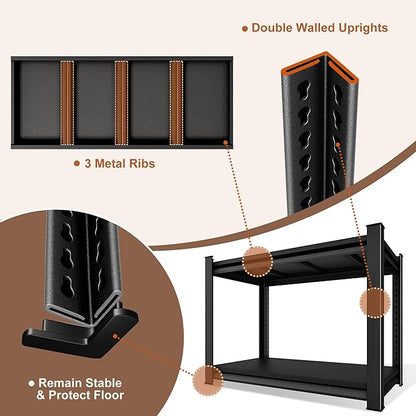 40" W 2-Tier Garage Shelving Heavy Duty, 1000LBS Loads Garage Storage Shelves, Metal Shelving Units and Storage Racks, Industrial Utility Shelf Heavy Duty,40" Wx16 Dx36 H, Black