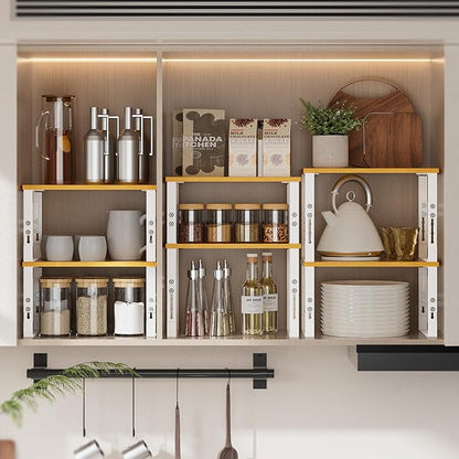 Kitchen Cabinet Organization Shelf，Set of 2 Height Adjustable Storage Racks，Stackable，Expandable，Countertop Shelves Organizer，Pantry Shelving（2PACKS/Medium/White