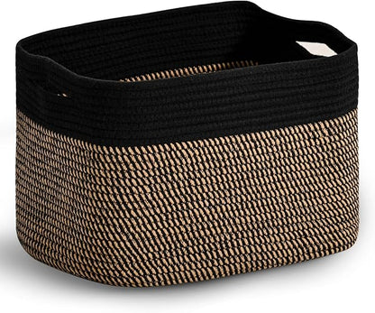 Woven Cotton Rope Storage Basket for Organizing, Cute Decorative Baskets for Gifts Empty, Organizer Bins for Dog Toy, Baby Laundry, 15“×11”×9.5“, Jute & Black