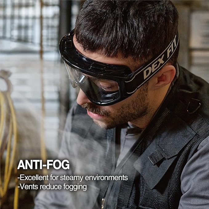 DEX FIT Protective Safety Goggles SG220B; Anti Fog & Scratch, Z87 Eye Protection for Lab, Science, and Chemistry Work, Indirectly Vented, Adjustable for Women and Men, (Black Frame, Clear Lens)
