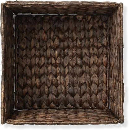 Casafield 10.5" x 10.5" Water Hyacinth Storage Baskets, Espresso - Set of 4 Collapsible Cube Organizers, Woven Bins for Bathroom, Bedroom, Laundry, Pantry, Shelves