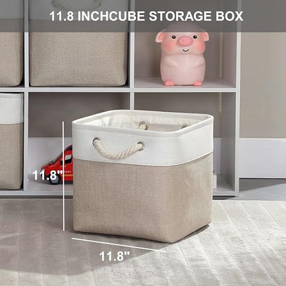 Mangata Canvas Storage Boxes, 11.8 Inch Cube Storage Bins Set of 6 for 12 Inch Cabinets, Fabric Baskets with Cotton Rope Handle for Organizing Clothes Nursery Home (Khaki/White)