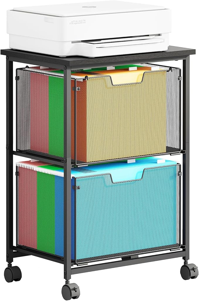 Letter/Legal Rolling File Cart with 2 Storage Drawers, Under Desk Storage, Vertical Filing Cabinet for Home Office, Hanging File Folders Organizer, Mobile Utility Cart Printer Stand, Black