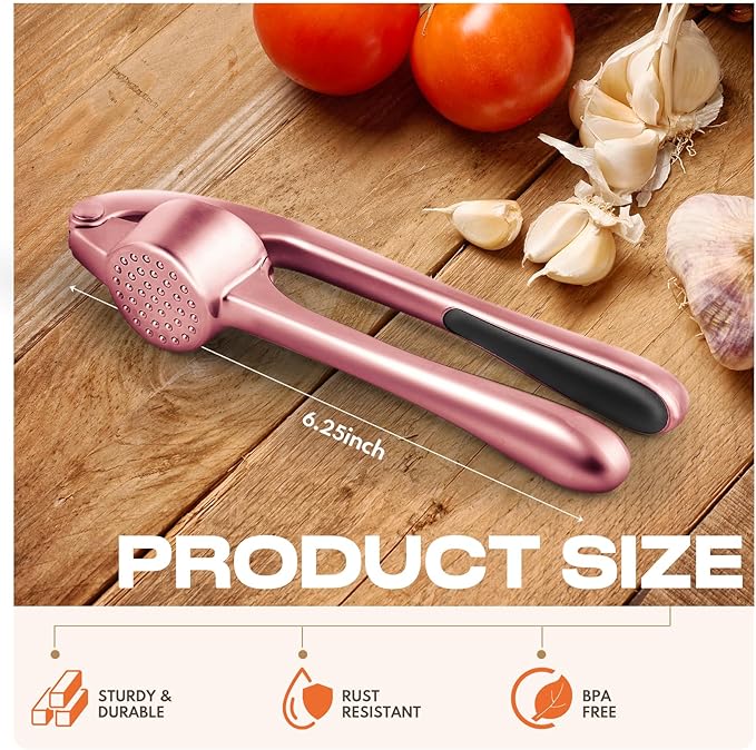 Kitchen Garlic Press, Rust Proof & Dishwasher Safe Garlic Mincer, Durable Garlic Crusher Set with Peeler＆Brush, Easy to Clean and Squeeze, Rose