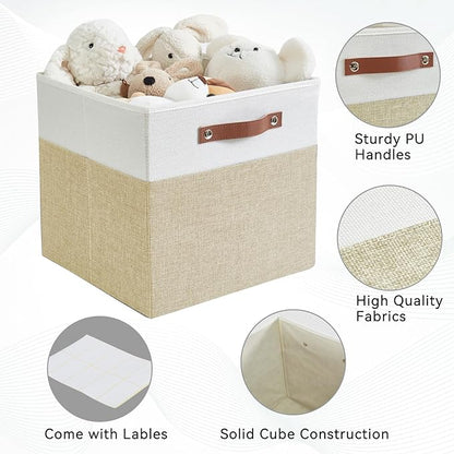 Collapsible Fabric Storage Cube Bins with 2 Reinforced PU Handles, Foldable Storage Organizer Baskets for Closet, Shelves, Living Room | 13"x13"x13", 4 Pack, Beige & White