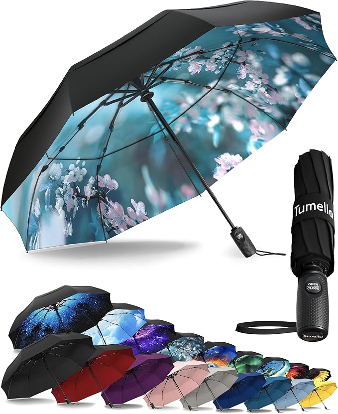 TUMELLA Strongest Windproof Travel Umbrella (Compact, Superior & Beautiful), Small Strong but Light Portable and Automatic Folding Rain Umbrella, Durable Premium Grip, Fits Car & Backpack