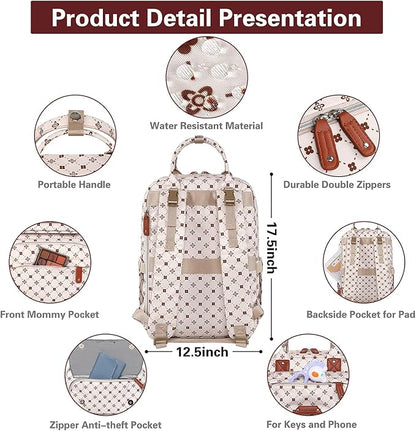 Baby Diaper Bag Backpack, Baby Bag for Girls Large Capacity with Stylish Flora, Travel Back Pack Multifunction Waterproof, Newborn Baby Registry Shower Gifts, Pink05