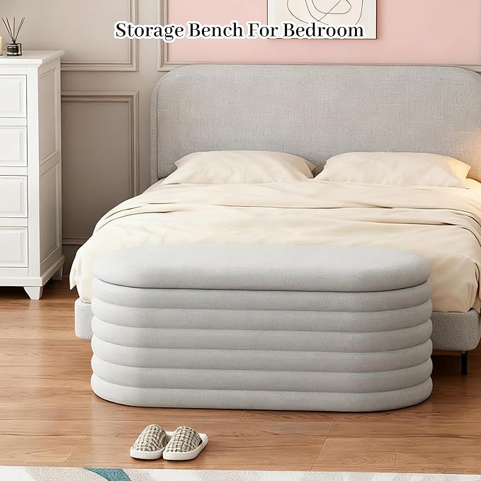 Storage Ottoman Bench, 40" Storage Bench, Upholstered Fabric Storages Benches End of Bed Stool with Safety Hinge, Shoe Storages Benches for Bedroom, Living Room, Entryway, Closet,Light Grey