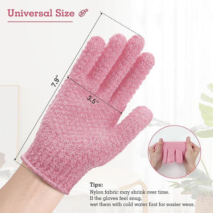 Evridwear Exfoliating Gloves for Shower, 100% Nylon Thick Soft Medium Heavy Bathing Gloves Dead Skin Remover Body Scrubber Smooth Skin with Hang Loop, 1 Pair Moderate Pink