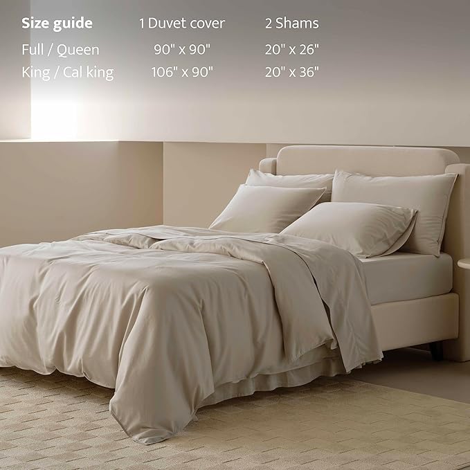 Double Stitch Cotton Tencel Duvet Cover - Queen Size Comforter Cover, Luxury & Soft Eucalyptus Lyocell Bedding Set for Hot Sleepers, Cooling & Breathable, Button Closure, Sandstone, 90"x90"
