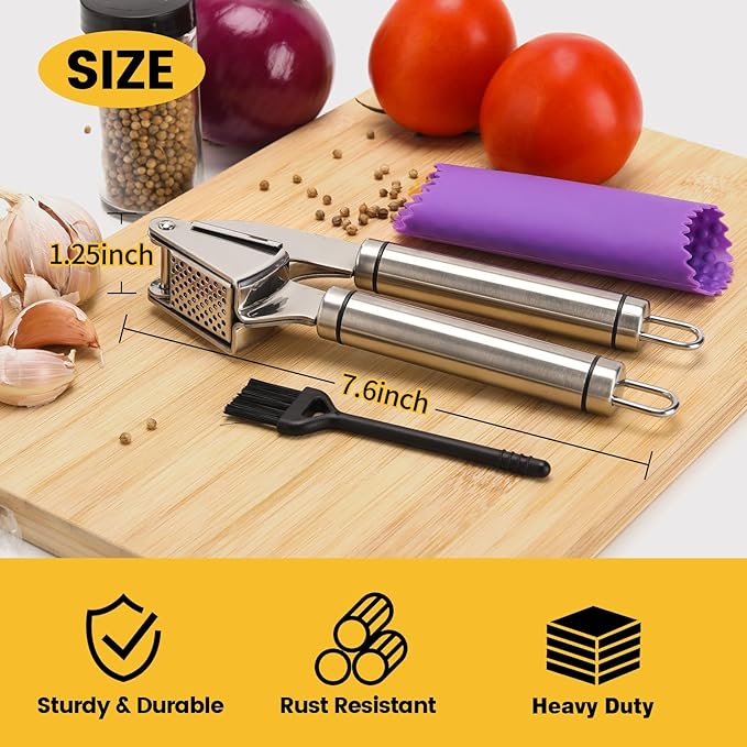 Garlic Press Mincer, 304 Stainless Steel Garlic Press with Garlic Peeler Tube, Heavy Duty Metal Ginger Press, Silver