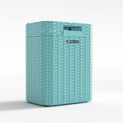 Ypati Handwoven 4 Gallon Rattan Trash Can with Lid, Boho Style Decorative Indoor and Outdoor Trash Bin with Shelf, Waste Basket for Bathroom, Kitchen, Patio, with Trash Bags, Turquoise Blue, Eureka