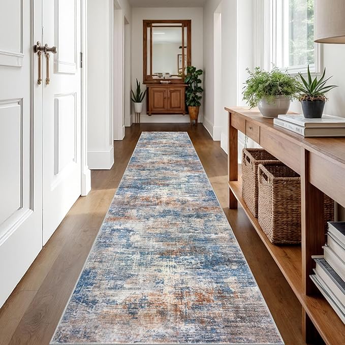 IOHOUZE Abstract Runner Rug 2x12 Ft Washable Runners for Hallways, Non Slip Kitchen Runner Printed Faux Wool Entryway Runner Indoor, Modern Abstract Floor Carpet for Hall Kitchen, Blue Rust