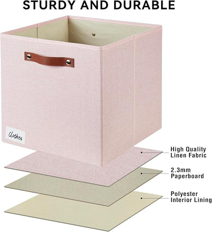 Collapsible Fabric Storage Cube Bins with 2 Reinforced PU Handles, Foldable Storage Organizer Baskets for Closet, Shelves, Living Room | 13"x13"x13", 4 Pack, Full Pink