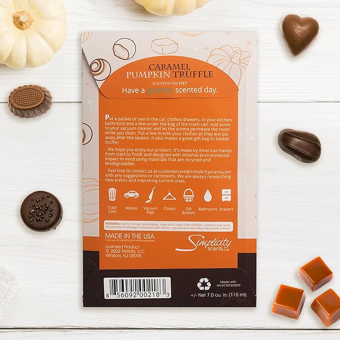 Floral Simplicity Caramel Pumpkin Truffle Scented Sachets Pack of 6, Fall & Winter - Long-Lasting Scented Bags, Home Fragrance, Air Freshener & Deodorizer for Closet, Room, or Cars, Made in USA