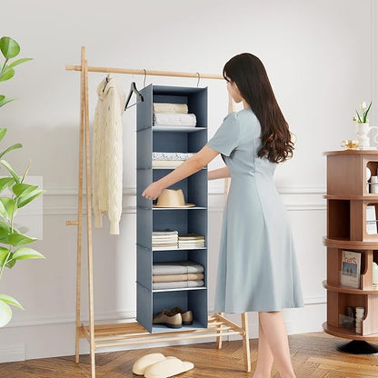 Hanging Closet Organizer and Storage 6-Shelf, Easy Mount Foldable Hanging Closet Wardrobe Shelves, Clothes Handbag Shoes Accessories Storage, Washable Oxford Cloth Fabric, Grey