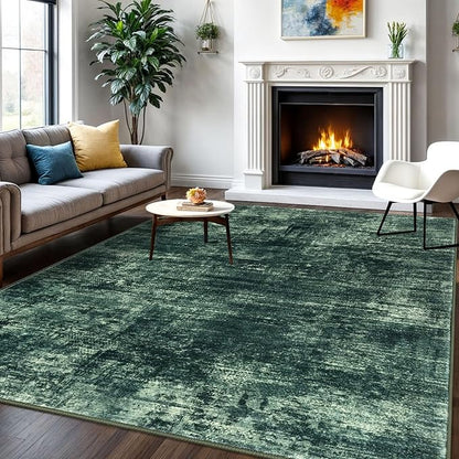 IOHOUZE Abstract Area Rugs 6x9 Ft Washable Rugs for Living Room, Non Slip Dining Room Rug, Printed Faux Wool Rugs for Bedroom, Floor Carpet for Office Nursery Playroom, Dark Green