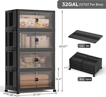 Jalove 120Gal Large Storage Bins with lids, 480QT Plastic Stackable Containers with Wheels, Collapsible Closet Organizer and Storage Drawers,Clothes Organization for Cabinet Home, 4Pack Black