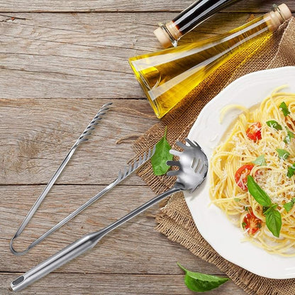 Patelai 2 Pcs Stainless Steel Pasta Spoon with Teeth Large Spaghetti Utensil, 9.4'' Tong and 13.6'' Pasta Fork with Vacuum Handle, Comfortable Grip Design Spoons for Kitchen(Sliver)