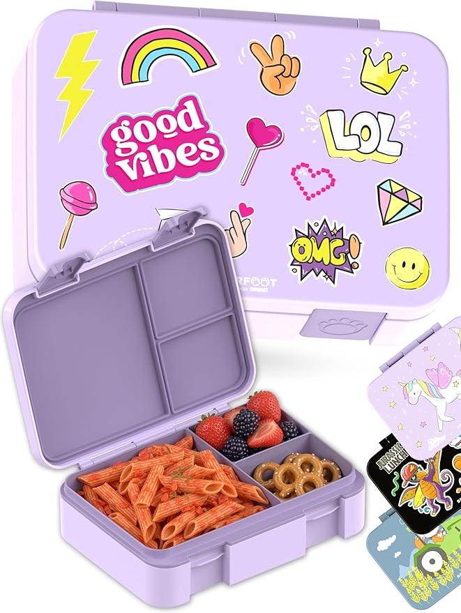 BEARFOOT Kids Lunch Box with Compartments – Compact & Lightweight | Leak-Proof, BPA-Free, Dishwasher & Microwave Safe | Hand-Drawn Design for Preschool, School, Travel (Sticker Purple, 4 Cups)