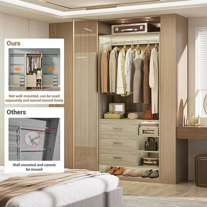 Aheaplus 2.5FT Closet System with 3 Drawers, 29.5’’ Closet Organizer, Wood Closet Organizer System, Walk-in Closet or Small Closets Wardrobe, Clothes Rack with Hanging Rods,-E6, White Oak
