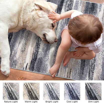 Modern Abstract Bedroom Runner Rug 2x7, Grey Black Multi Washable Kitchen Runner, Non-Slip Soft Thin Faux Wool Mat for Entryway, Hallway, Laundry Room, Indoor Home Decor