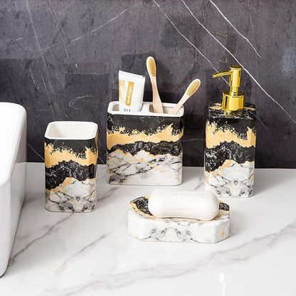 4 Piece Bathroom Accessories Set - Black and White Includes Lotion Dispenser, Toothbrush Holder Tumbler, and Soap Dish - Glossy Finish (Marble, Black, and White)