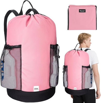 BALEINE 150L Laundry Bag Backpack, 900D Oxford Fabric Large Travel Laundry Bags with Shoulder Straps and 2 Mesh Pockets for College Dorm, Apartment, Laundromat (Pink, 150L)