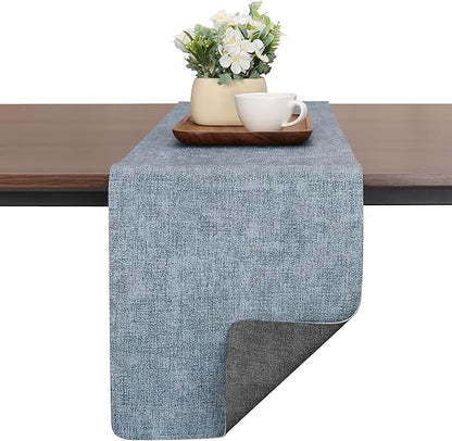 Table Runners 72 Inches Long, Dual-Sided Faux Leather Farmhouse Table Runner Waterproof Heatproof Non-Slip for Living Room Party Home Decor Holiday Decorations(Gray Light Blue, 12 x 72 Inch)