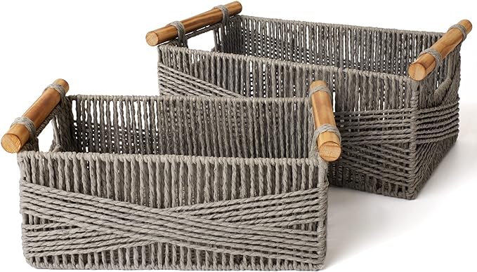 LA JOLIE MUSE Wicker Storage Baskets for Organizing, Recyclable Paper Rope Basket with Wood Handles, Decorative Hand Woven Basket Organizers for Makeup Books Shelves Living Room, Grey, Set of 2