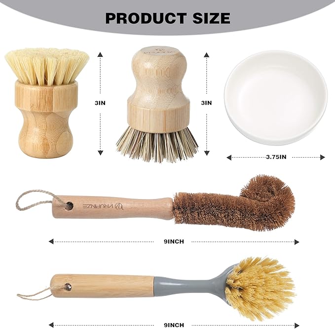 Natural Bamboo Dish Brush Bottle Scrub Brush 4-Piece Set, with Ceramic Soap Dispenser - Wooden Washing Up Brushes with Sturdy Handles for Cleaning Dishes, Pots, Pans, Gift Kit