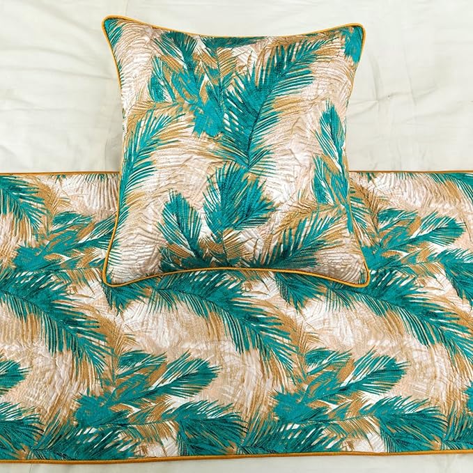 The HomeCentric King/Queen/Twin Green Decorative Twin 53"x18" Bed Runner with Pillow Cover, Plam Leaves & Quilted Bed Scarf on Satin Fabric - Palms